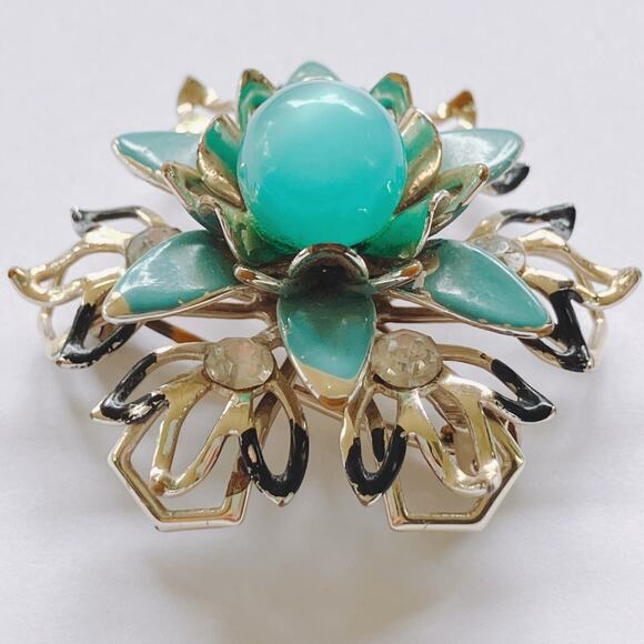 VTG Mid Century Brooch Moonglow Cab Floral Blue Enamel Rhinestones Gold Tone Pin - Picture 6 of 9
